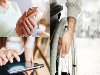 Photo of tablet, phone and wheelchair user