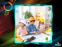 Image of three children wearing hard hats in a classroom looking at building design papers