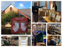 Collage of photos of Newtown Library, its staff and volunteers