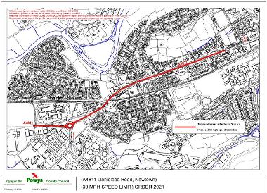 Llanidloes Road,Newtown traffic order plan. Proposed area marked in red