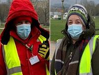 Paul Thomas and Natalie Havard providing support as way-finder volunteers at the mass vaccination centre in Llanelwedd