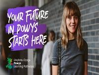 Image of female sixth form student with English Powys Learning Pathways branding