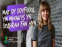 Image of female sixth form student with Welsh Powys Learning Pathways branding
