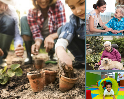 Photo montage of a group of children gardening, a young woman talking to an older woman, an older woman with her dog and a young boy playing