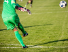 Image of a goalkeeper kicking a football on a grass pitch