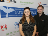 Image of Aled Woosnam and Evie Williams from AL Technical, 23 Social and Severn Valley Events, at the launch of the Powys Business Awards 2022.