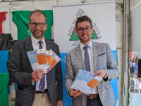 Image of the launch of the of the Welsh language information leaflet that has been produced by Powys County Council were Leader Cllr James Gibson-Watt and Deputy Leader Matthew Dorrance