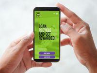 Image of hands holding a mobile phone with the Scan Recycle Reward app on the screen (english)