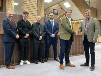 Cllr David Selby welcomes the five new town centre liaison officers, Bobby Gough, Philip Jones, Richard Morgan, Rhys Howells and Ayden Davies to their roles.