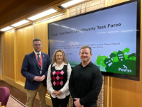 Image of Cllr Matthew Dorrance, Deputy Leader and Cabinet Member for a Fairer Powys, is join by Karen McFarlane, Policy Officer for Poverty at Children in Wales and Simon Page from Child Poverty Action Group