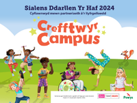 Cartoon of children playing outside with 'Crefftwyr Campus' in big letters at the top