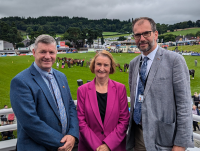 Image of Councillor Bryan Davies, Leader of Ceredigion County Council, Dame Nia Griffith DBE MP, Parliamentary Under-Secretary of State at the Wales Office, and Councillor James Gibson-Watt, Leader of Powys County Council, The Royal Welsh Showground. 