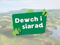 Dewch i siarad graphic on a background showing Powys Countryside