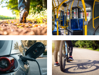 Image of someone walking, an electric car charging, the inside of a bus and someone cycling