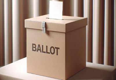 Image of a brown ballot box with an election slip in the top
