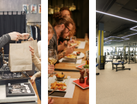 Image of shopping, eating and a gym