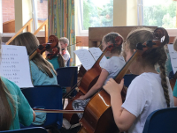 Image of a group of pupils from a Powys school playing musical instruments