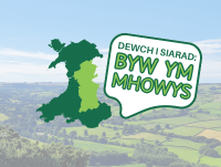 Speech bubble with Dewch i siarad Byw ym Mhowys on a background of a Powys landscape