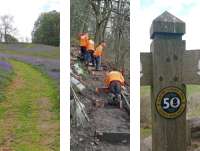Image of a public rights of way, volunteers working and a fingerpost sign