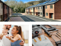 Images of new council houses, a couple with house keys power tools with a safety glove