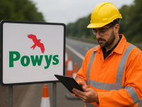 Worker in hig vis using a tablet device next to a sign with the Powys logo on