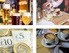 Image of drinks from a café, pub and restaurant along with new British money